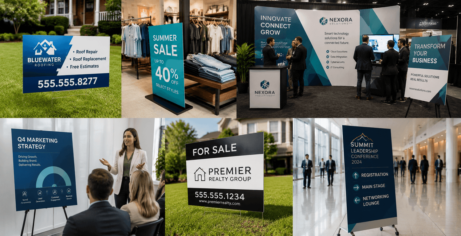 Collection of custom business signs including yard signs, foam board signs and promotional signage for marketing, events and retail displays.