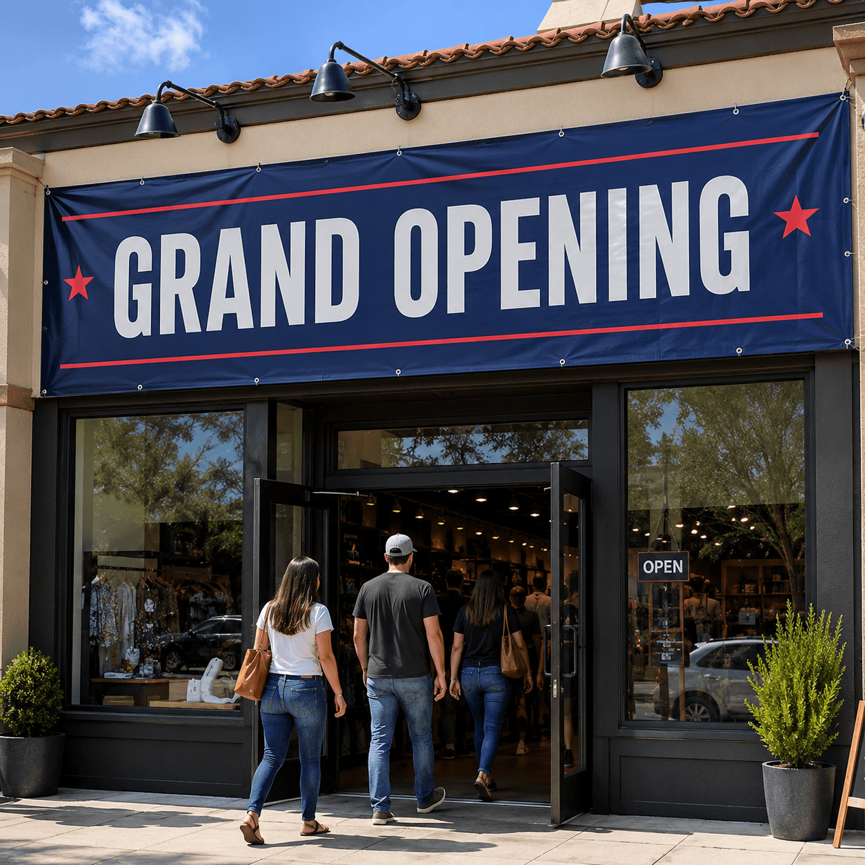 Custom vinyl banner used for business advertising on retail storefront exterior