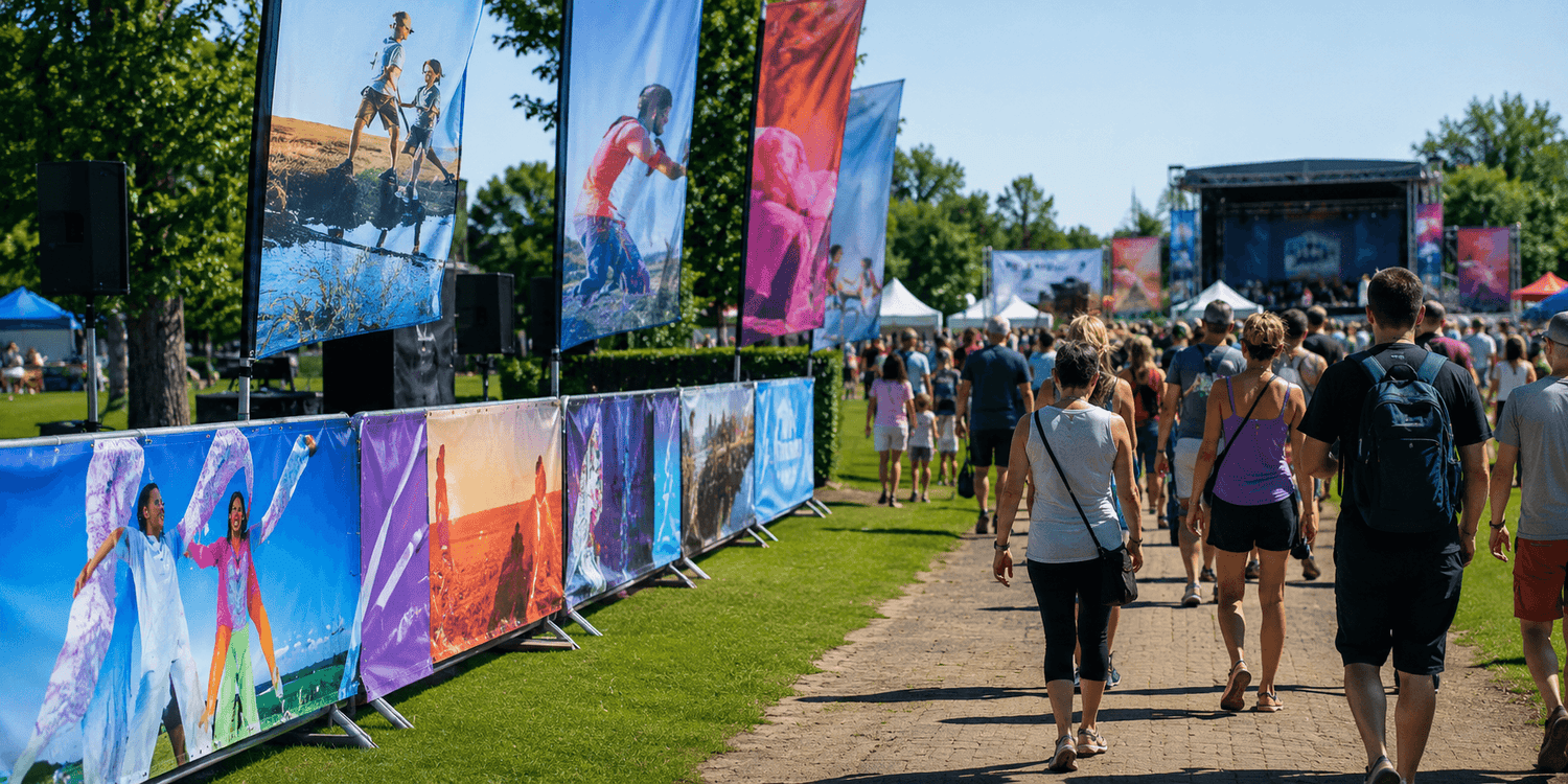 Custom event banners used for festivals, fundraisers, weddings and community events with professional event signage and sponsor displays