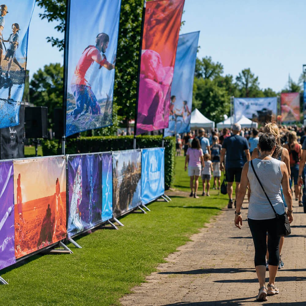 Custom event banners used for festivals, fundraisers, weddings and community events with professional event signage and sponsor displays