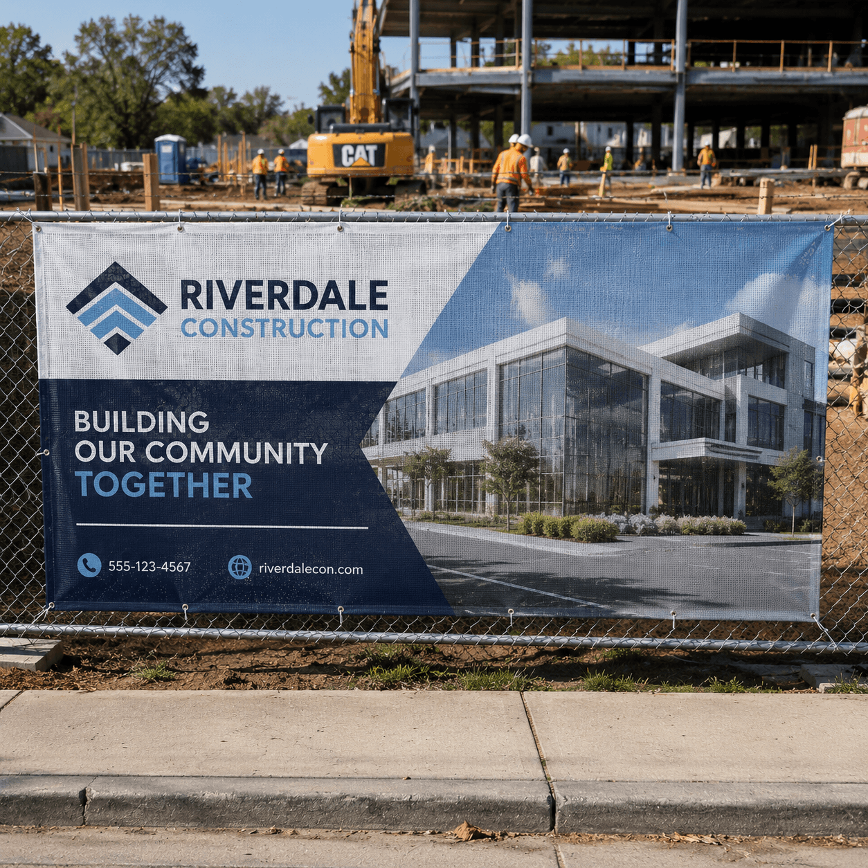 Custom mesh banner installed on construction site fence for outdoor advertising