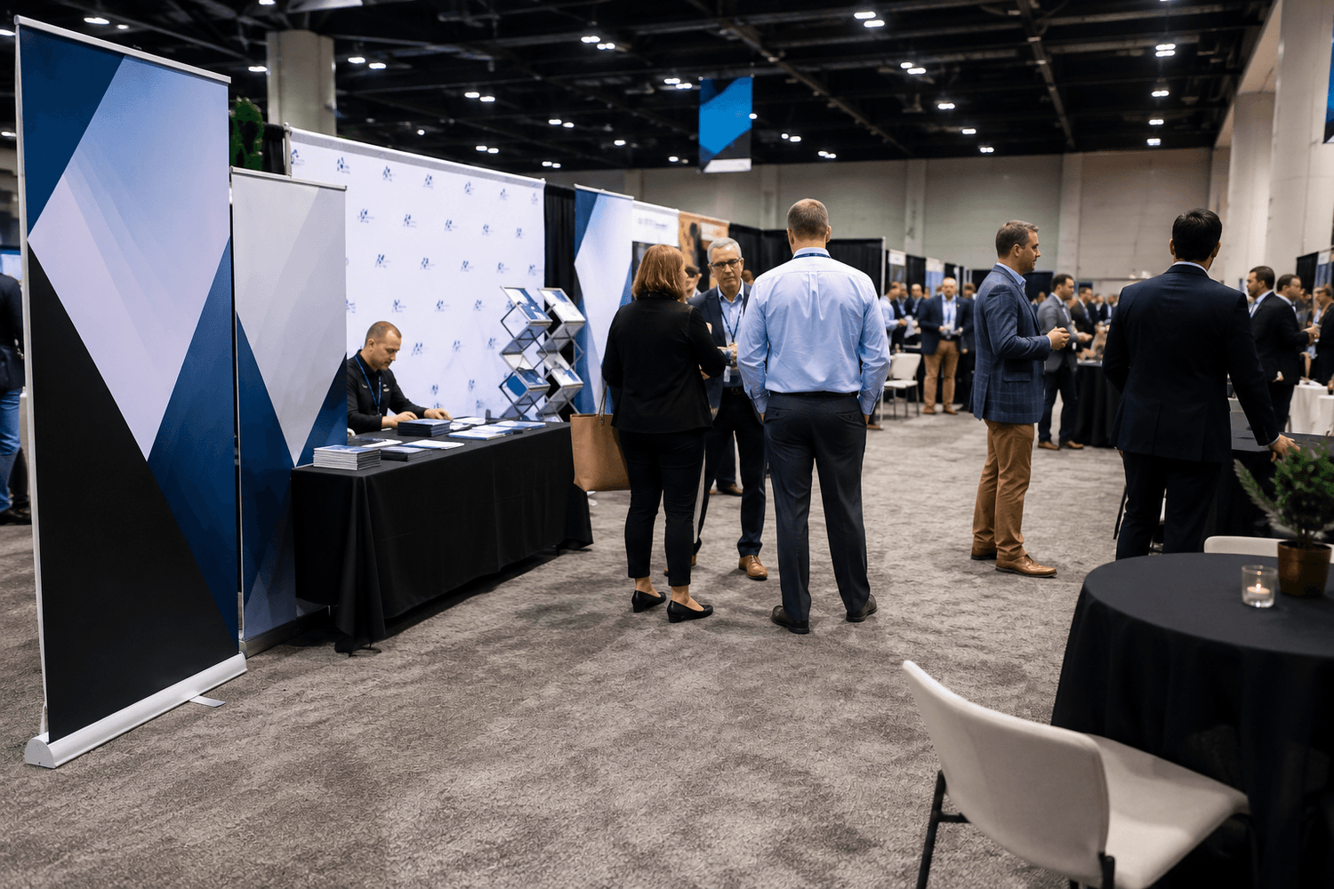Professional trade show banners including retractable banner stands and event backdrops used at corporate exhibitions and conferences