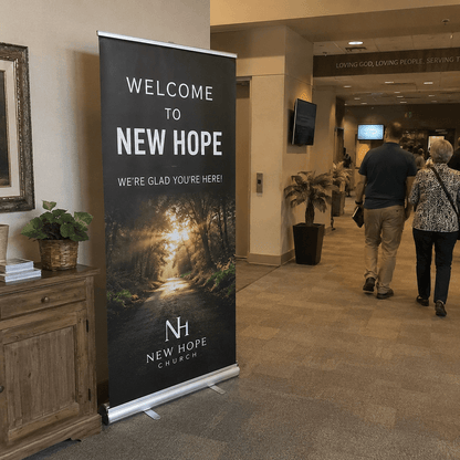 Retractable banner stand displayed inside church lobby welcome area