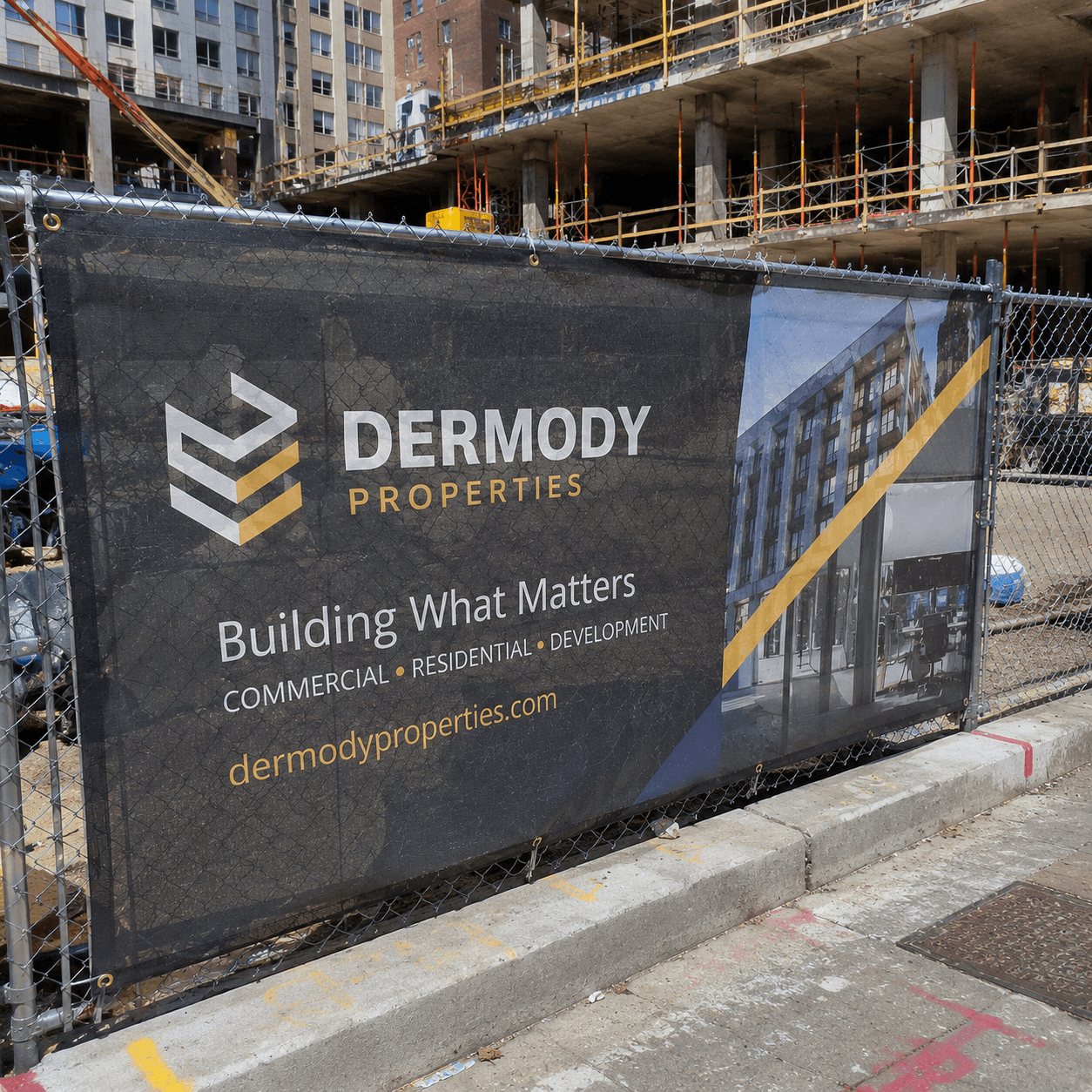 Construction site mesh banner attached to temporary fencing