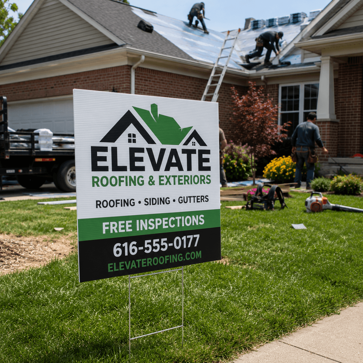 Coroplast yard sign promoting contractor services at residential project