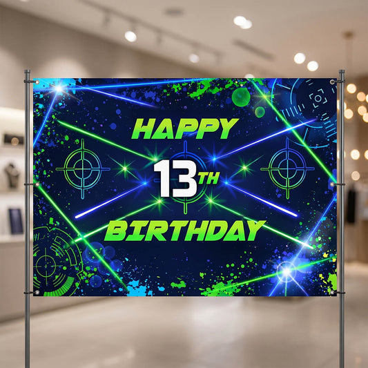 Custom Laser Tag Birthday Banner – Personalized Neon Party Banner with Name & Age | Indoor & Outdoor Vinyl Banner