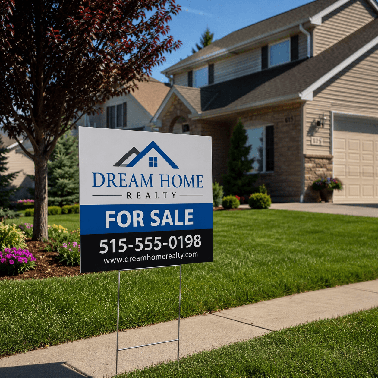 Custom coroplast yard sign installed on metal H-stakes in a residential lawn