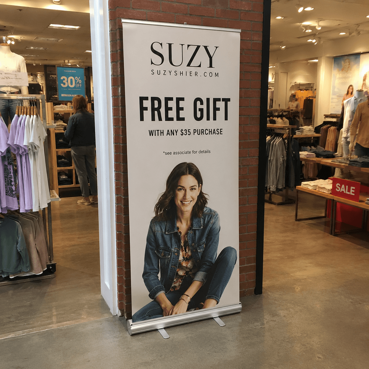 Promotional retractable banner for Suzy Shier with a woman's face on it inside a store.