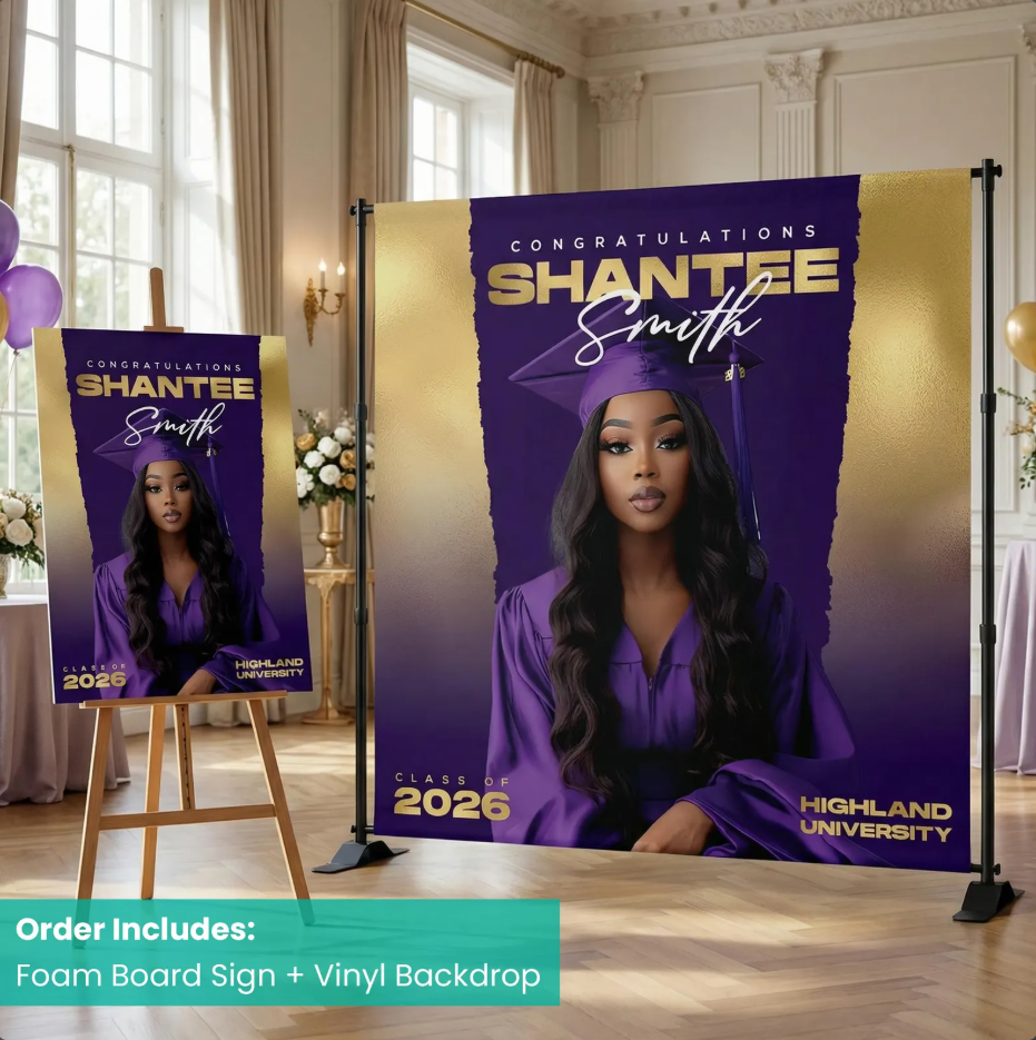 Graduation Banner Bundle (2pcs) – Custom Backdrop & Foam Board Sign