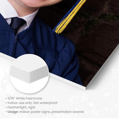 Person in graduation gown with tassel, close-up of foamcore material, and text about foamcore properties.